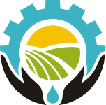Symbol representing food systems composed of hands holding up a gear. Inside the gear are fields, the sun, and a drop of water