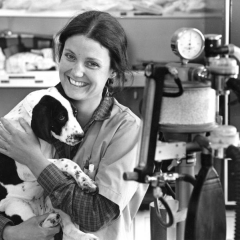 A student holds a spaniel puppy near anesthesia equipment