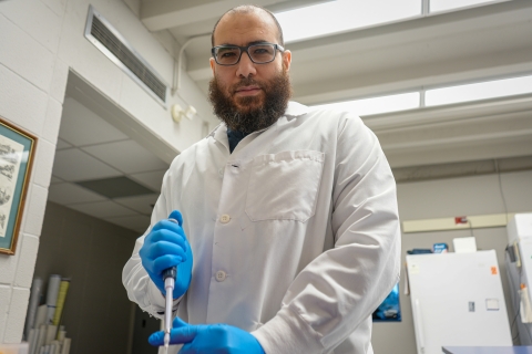 Dr. Shebl Salem works at the bench inside the de Mestre Lab.