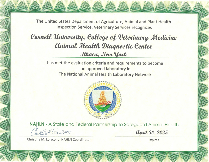 NAHLN accreditation certificate
