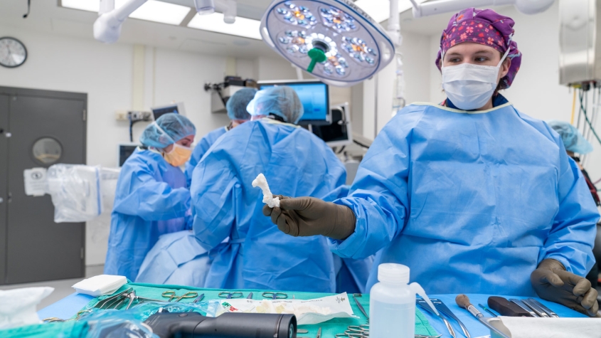 A veterinarian preparing for surgery displays a 3D model of a bone