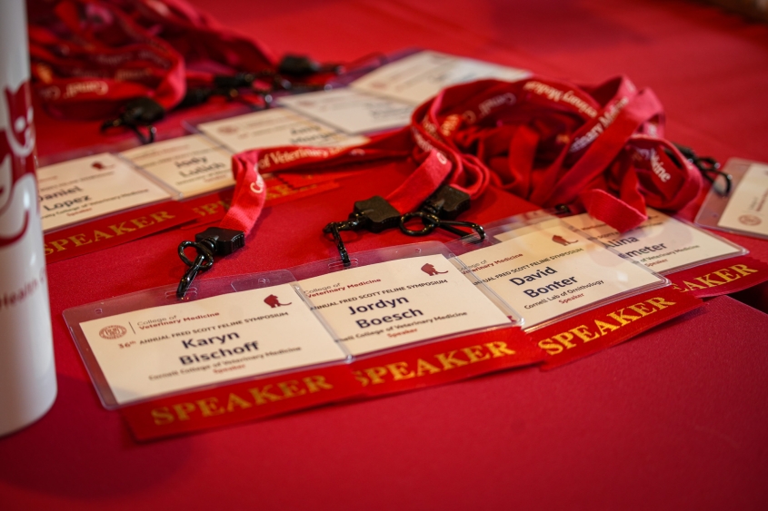 A photo showcasing some of the guest speakers badges at the Fred Scott Feline Symposium. 