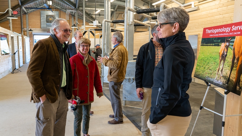 A group of individuals in the main barn at the equine park talking about training equine learners