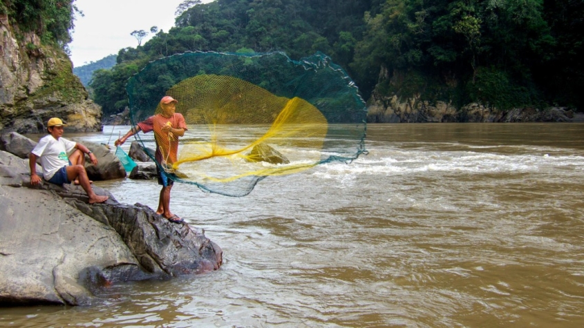 People casting a fishing net in a river