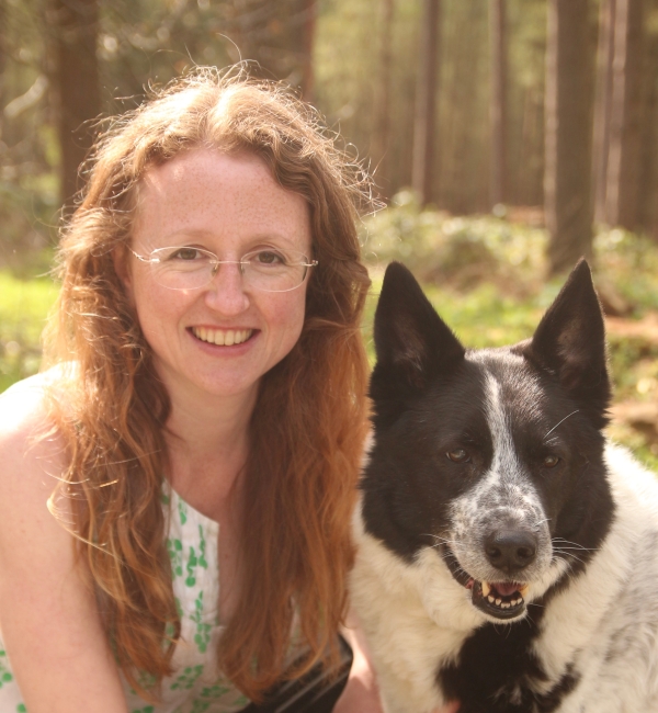 Sarah Caddy (left) with her black and white dog (right)